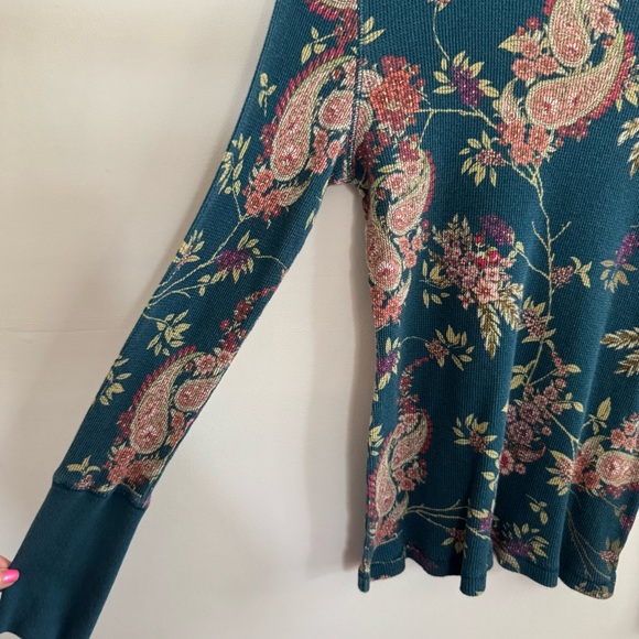 Sundance Teal Paisley Floral Thermal Waffle Long Sleeve Top Shirt Medium Boho - Picture 6 of 8